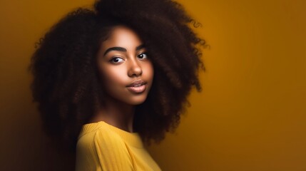 Young woman with curly hair wearing yellow clothes on a yellow background