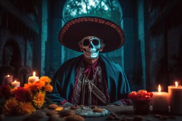 Fototapeta premium A man dressed up in a costume made in the traditional Mexican style for the celebration of the Mexican Day of the Dead. Generative AI