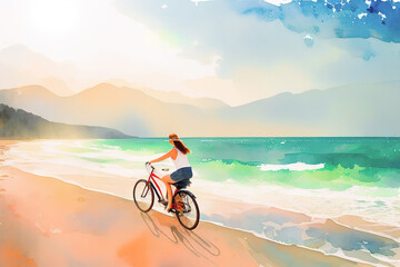 Fototapeta premium Watercolor illustration of a girl on a bicycle on the sea coast, Generative AI.