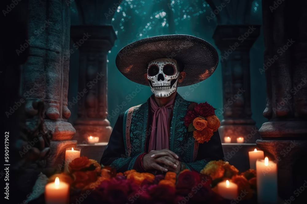 Wall mural A man dressed up in a costume made in the traditional Mexican style for the celebration of the Mexican Day of the Dead. Generative AI - Wall murals