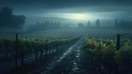 plantation of vineyards in the fields, harvest of mixed grapes with leaves. Created by AI.