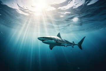 Fototapeta na wymiar shark hunts underwater 