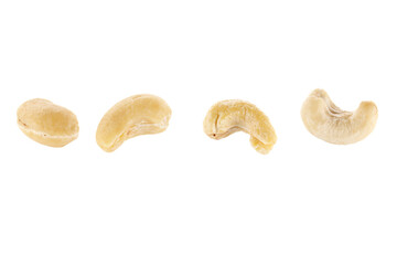 Roasted Cashew nuts isolated on white background with full depth of field. Close-up.