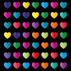 Color hearts icons set on black background	
