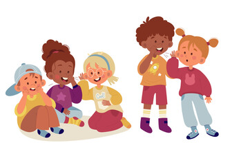 Cute children whisper secrets flat illustrations set. Boys and girls sitting and standing whispering and speaking