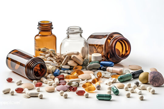 Medicines and pills with greens. Generative AI