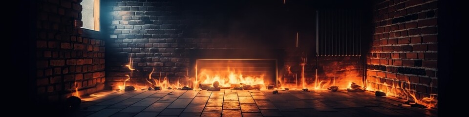 illustration, fire sparks on the old brick wall, website header, ai generative
