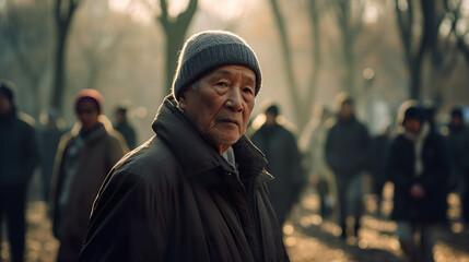 Elderly Asian man exercising with a group of people in a park, AI generative photorealistic illustration