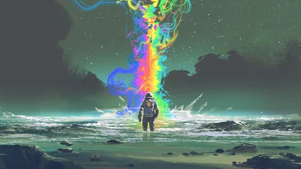 Tuinposter The man looking at a strange rainbow light rise in front of him., digital art style, illustration painting © grandfailure