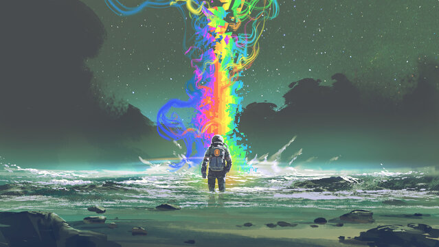 Fototapeta The man looking at a strange rainbow light rise in front of him., digital art style, illustration painting