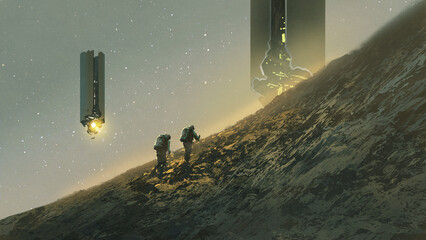 people walking up the mountain with flying checkpoint machine , digital art style, illustration painting