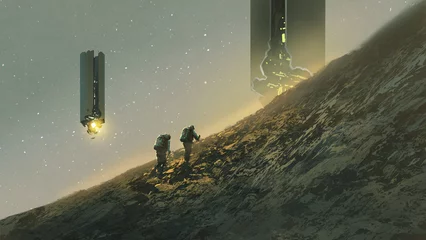 Poster Grandfailure people walking up the mountain with flying checkpoint machine , digital art style, illustration painting