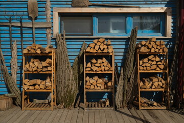 firewood for the stove. wood heating. shelves for storing firewood