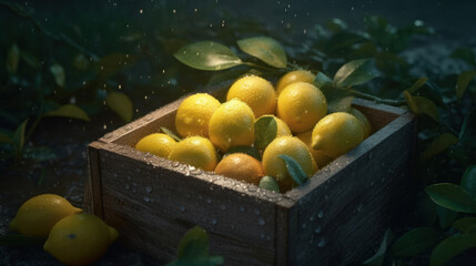 beautiful lemons and limes in a box under a garden tree, in the evening in the rain. Created by AI.