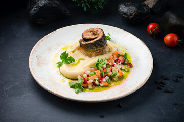 Smoked mackerel fillet with mashed potatoes, salad with cucumber, radish and tomato and greens.