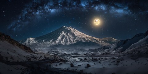 Fototapeta na wymiar Beautiful starry sky over Elbrus at night. The peak is visible thanks to the full moon's illumination. Caucasus North. Generative AI