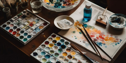 Obraz na płótnie Canvas Flat Lay of Colorful Watercolour Art Station: An Exploration of the Creative Process - Generative AI