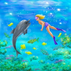 Boy and dolphin.Digital art.Children's illustration.Diving.Undersea wold