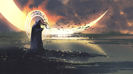 evil sorcerer casting a spell to release the black insects from his hands, digital art style, illustration painting