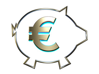 Golden piggy bank with a gold sign symbol of the euro with a colored backlight on a transparent background. 3d render.