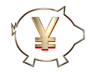 Obraz premium Golden piggy bank with a gold sign symbol of the yen with a colored backlight on a transparent background. 3d render.