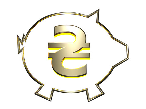 Golden piggy bank with a gold sign symbol of the hryvnia with a colored backlight on a transparent background. 3d render.