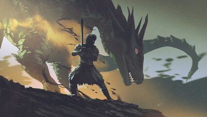 warrior holding a sword standing near the dragon, digital art style, illustration painting 