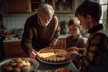 Fototapeta na wymiar Grandparents and Young Family Sharing an Apple Pie, happy family reunion, AI Generative