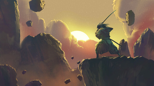 samurai poses with his sword on a cliff at sunset, digital art style, illustration painting
