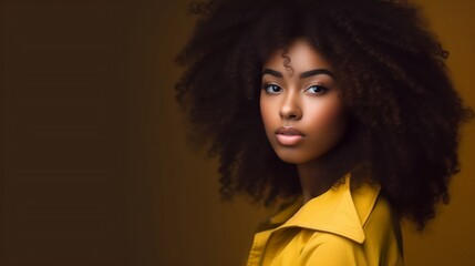 Young woman with curly hair wearing yellow clothes on a yellow background