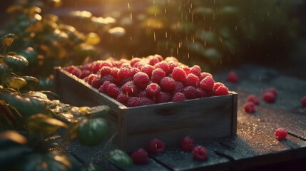 Wild raspberries in a basket, fresh raspberries with leaves in a box. Created by AI.