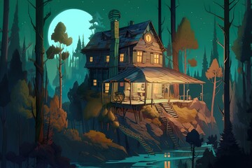 Fototapeta na wymiar Modern house in dark forest under full Moon reflected in a lake, AI generative illustration