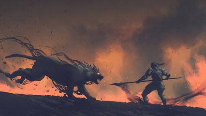 The knight facing a battle with the black beast, digital art style, illustration painting 
