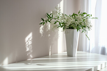 Beautiful, fragile, delicate flowers  gypsophila with soft green leaves in a luxurious, stylish white vase on a white table. White curtains and a light wall in the sunlight in the background