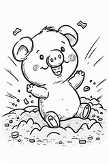 Happy pig rolling in the mud, line art for coloring book, crisp lines, white background, AI generative