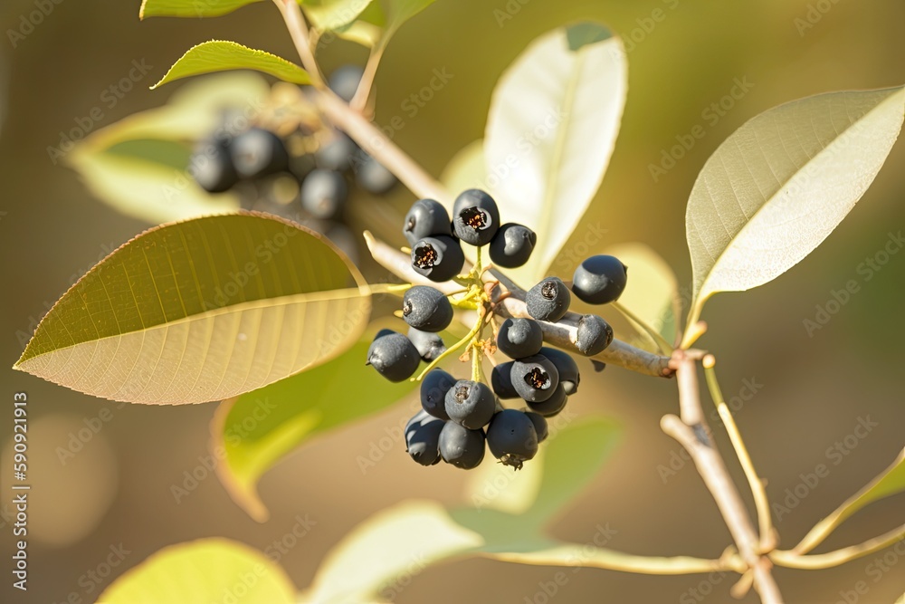 Sticker berries on a tree branch in close-up view. Generative AI