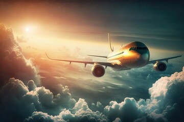 Airplane flying high in the sky at sunset. Travel concept. Generative AI