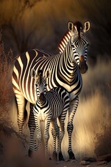 Fototapeta na wymiar illustration, zebra standing in the bush with her foal, ai generative