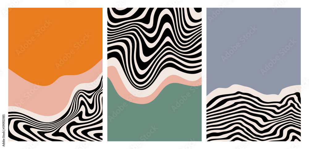 Fototapete Set of Minimal Geometric Posters Design. Vector Art with Psychedelic Lines and Waves and Color Blocks. Memphis  Modern Hipster Style