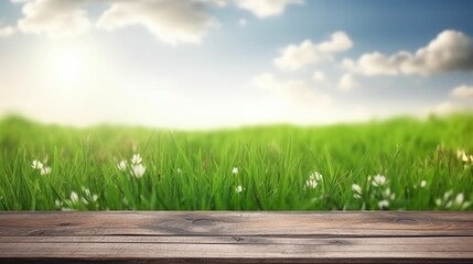 Wooden table against grass natural background. Generative AI