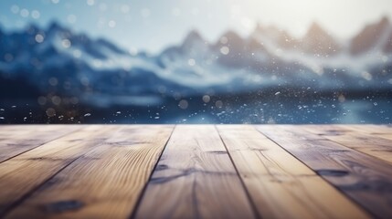 Fototapeta premium Simple wooden table on a snowy mountain background. Generative AI