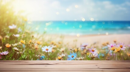 Natural wooden table with flowers and sea nature background. Generative AI