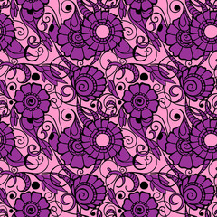 seamless pattern of large magenta flowers with a black outline on a pink background, texture, design