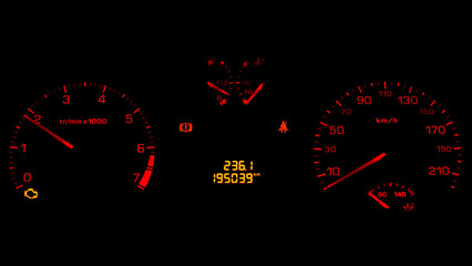Backlit car control panel showing automotive meters. Speed meter. Torque meter. Fuel level....