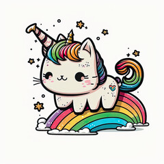Cat as rainbow unicorn, cartoon chibi style, AI generative illustration