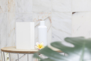 Tropical mockup card. Style home interior. White bottle lotion.