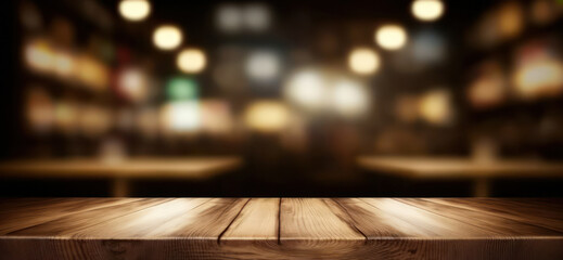 Naklejka premium Empty wooden table top for product display with blur luxury bar. generative AI
