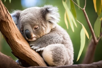 Obraz premium A Baby Koala Bear Sleeps on a Tree Branch in Nature - Generative AI 