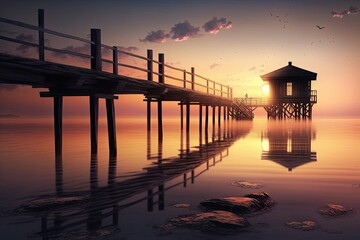 Fototapeta na wymiar Relaxing, Calm Sea at a Zen Pier With a House at the End, With Reflection in the Sunset - Generative AI 