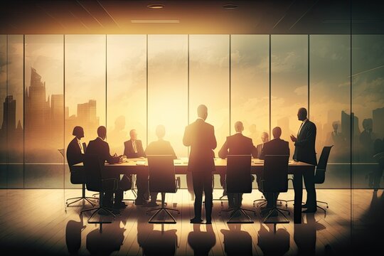 A Silhouette of Businessmen at a Conference Meeting at an Office Table With a Building and Sunset - Generative AI
